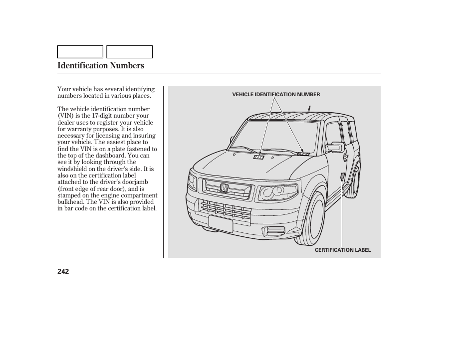 Identification numbers | HONDA 2007 Element - Owner's Manual User Manual | Page 245 / 275