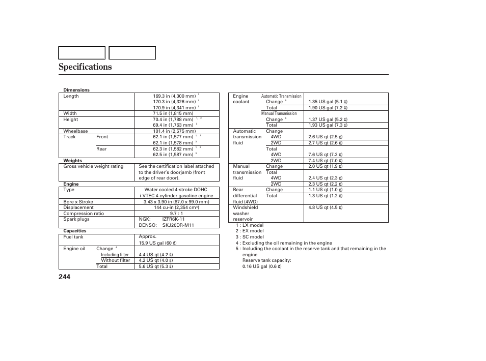 Specifications | HONDA 2007 Element - Owner's Manual User Manual | Page 247 / 275