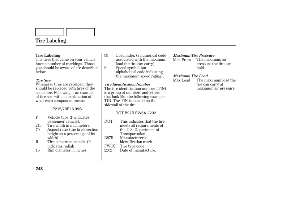 Tire labeling | HONDA 2007 Element - Owner's Manual User Manual | Page 251 / 275