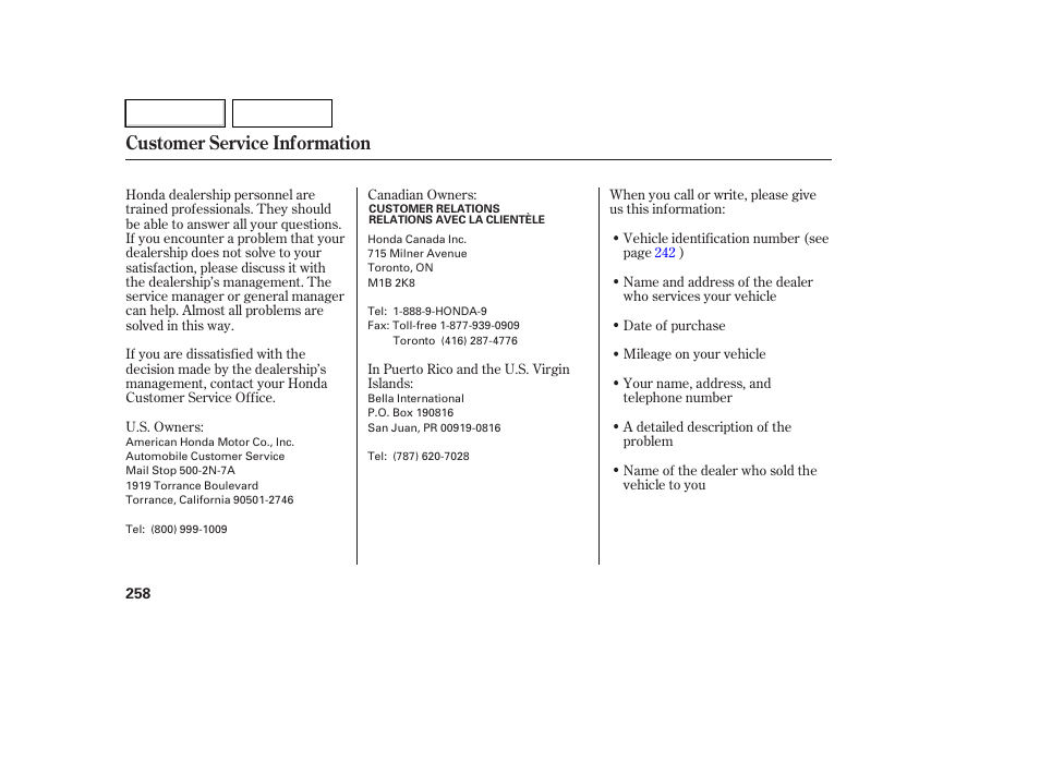 Customer service information | HONDA 2007 Element - Owner's Manual User Manual | Page 261 / 275