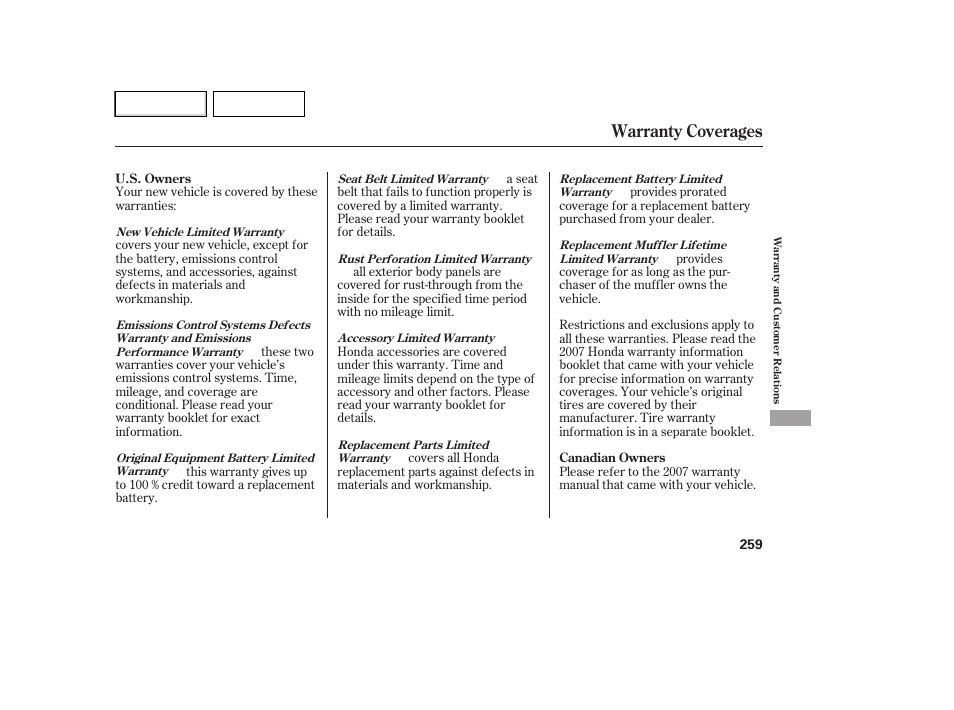 Warranty coverages | HONDA 2007 Element - Owner's Manual User Manual | Page 262 / 275