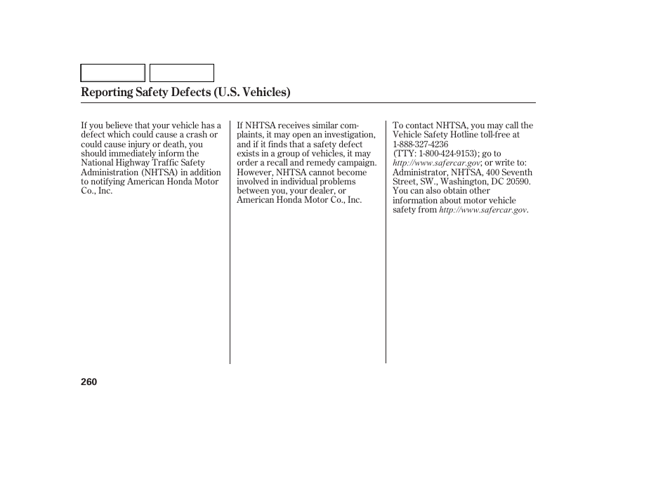 Reporting safety defects (u.s. vehicles) | HONDA 2007 Element - Owner's Manual User Manual | Page 263 / 275