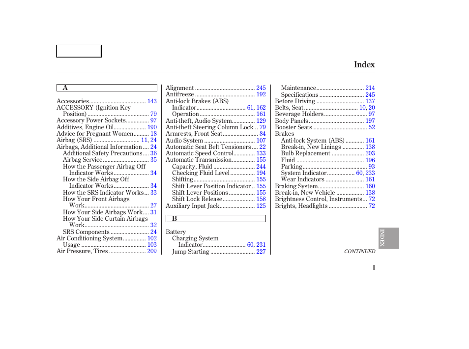 Index | HONDA 2007 Element - Owner's Manual User Manual | Page 266 / 275