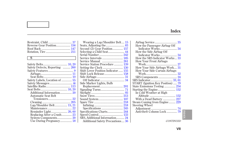 Index | HONDA 2007 Element - Owner's Manual User Manual | Page 272 / 275