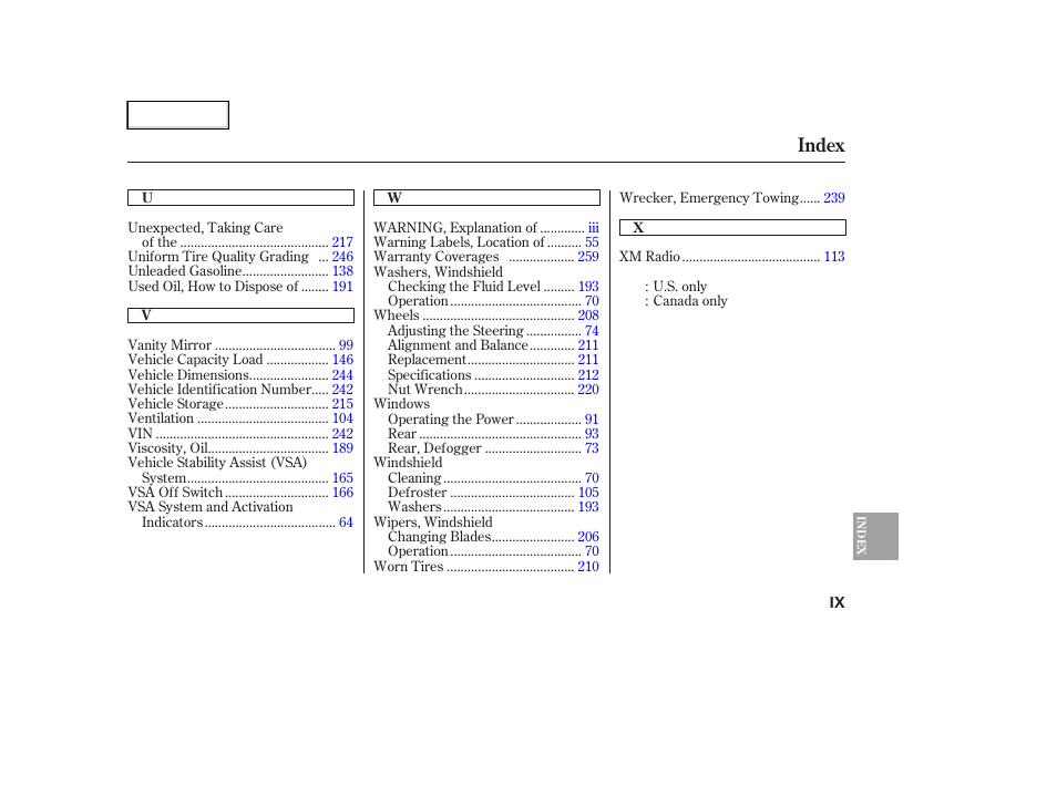 Index | HONDA 2007 Element - Owner's Manual User Manual | Page 274 / 275