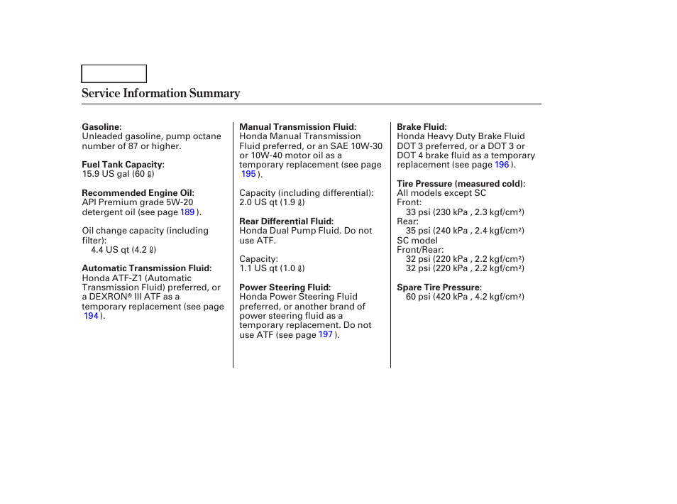 Service information summary | HONDA 2007 Element - Owner's Manual User Manual | Page 275 / 275