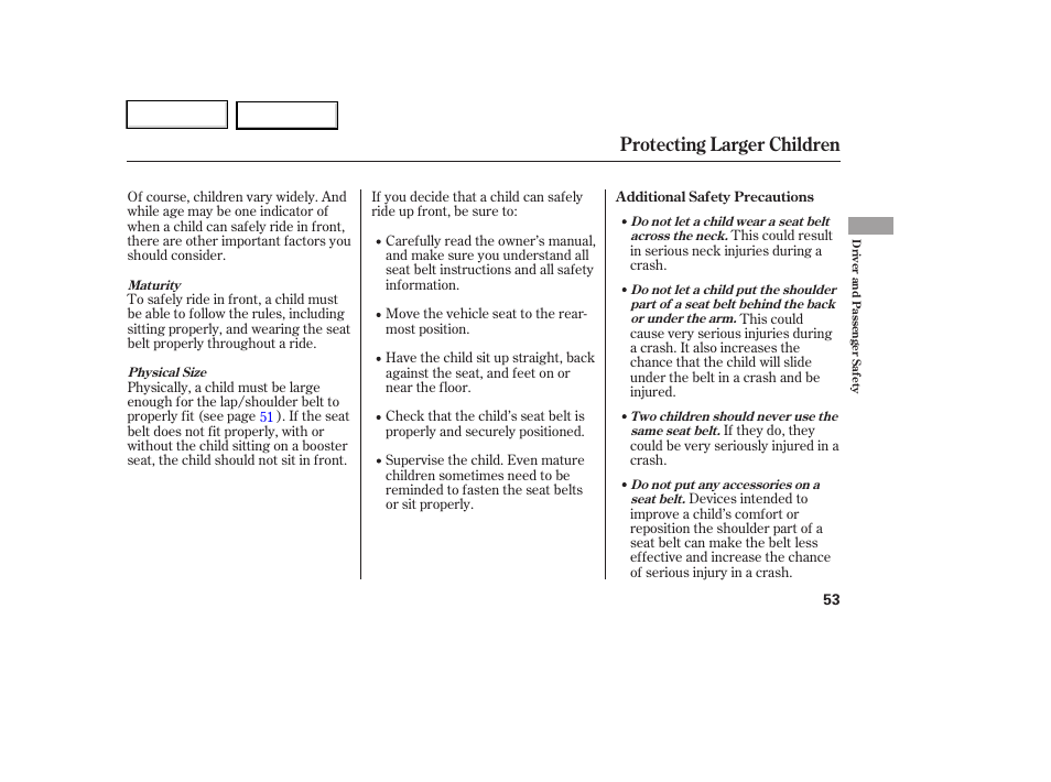Protecting larger children | HONDA 2007 Element - Owner's Manual User Manual | Page 56 / 275