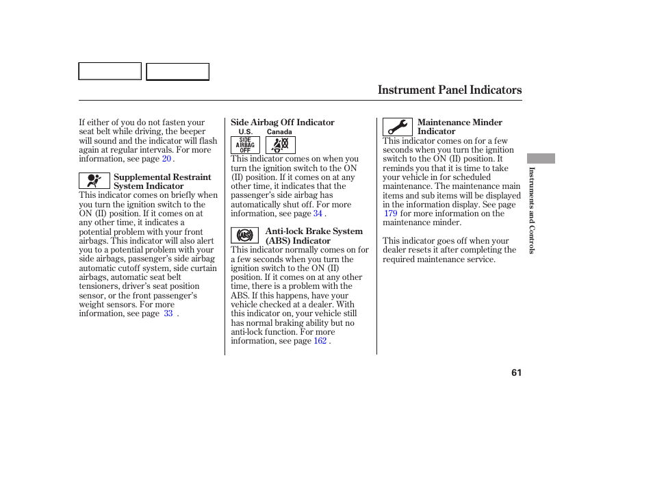 Instrument panel indicators | HONDA 2007 Element - Owner's Manual User Manual | Page 64 / 275