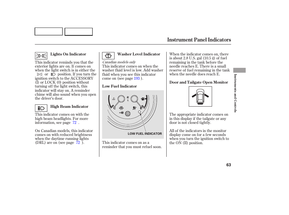 Instrument panel indicators | HONDA 2007 Element - Owner's Manual User Manual | Page 66 / 275