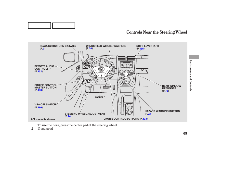 Controls near the steering wheel | HONDA 2007 Element - Owner's Manual User Manual | Page 72 / 275