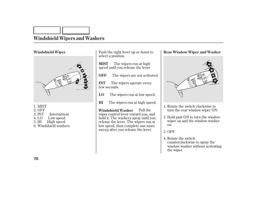 Windshield wipers and washers | HONDA 2007 Element - Owner's Manual User Manual | Page 73 / 275