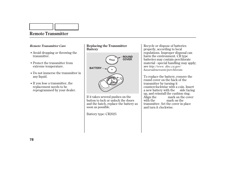 Remote transmitter | HONDA 2007 Element - Owner's Manual User Manual | Page 81 / 275