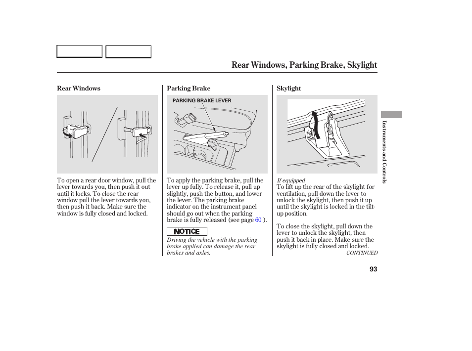 Rear windows, parking brake, skylight | HONDA 2007 Element - Owner's Manual User Manual | Page 96 / 275