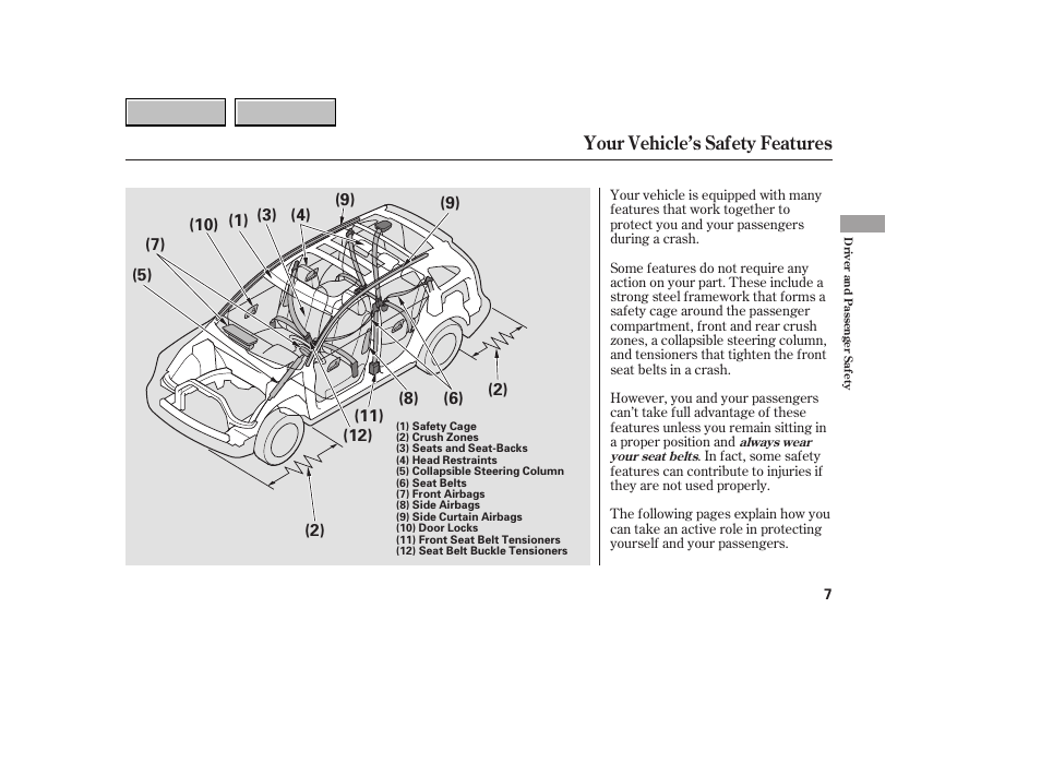 Your vehicle’s safety features | HONDA 2007 CR-V - Owner's Manual User Manual | Page 11 / 352