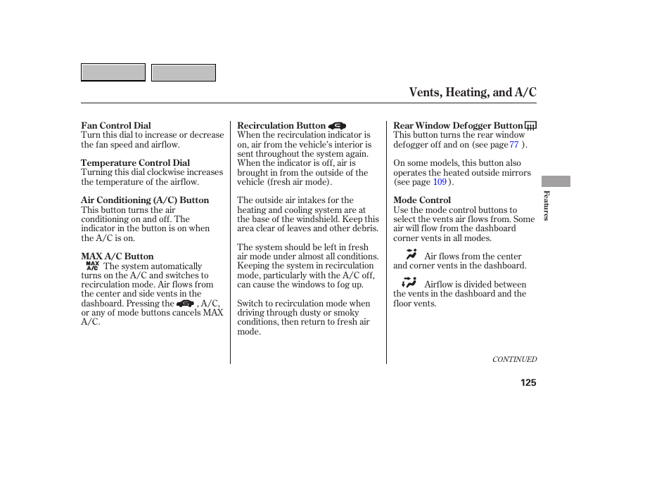 Vents, heating, and a/c | HONDA 2007 CR-V - Owner's Manual User Manual | Page 129 / 352