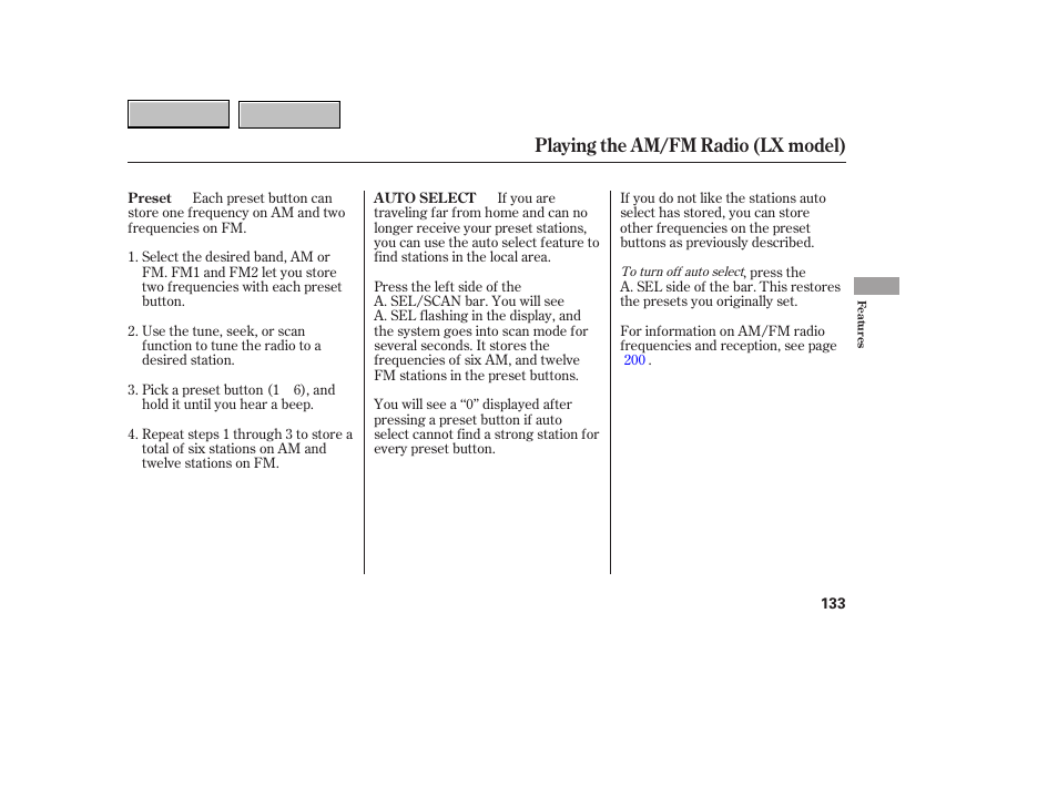 Playing the am/fm radio (lx model) | HONDA 2007 CR-V - Owner's Manual User Manual | Page 137 / 352