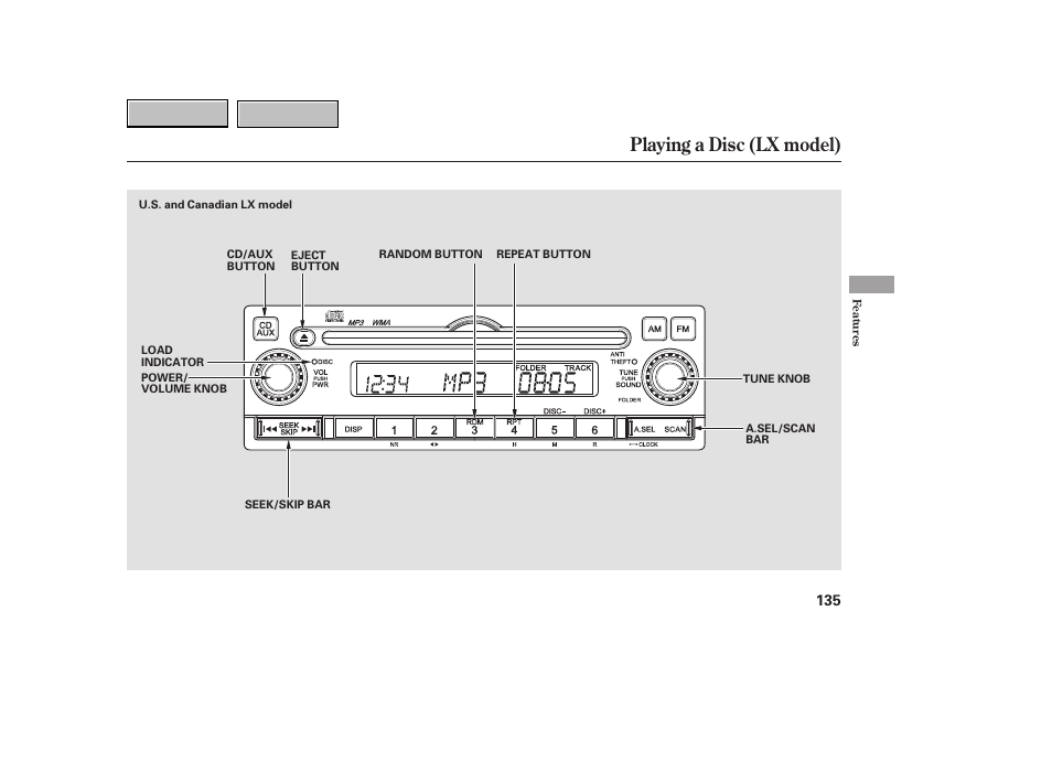 9b0707o00135a, Playing a disc (lx model) | HONDA 2007 CR-V - Owner's Manual User Manual | Page 139 / 352