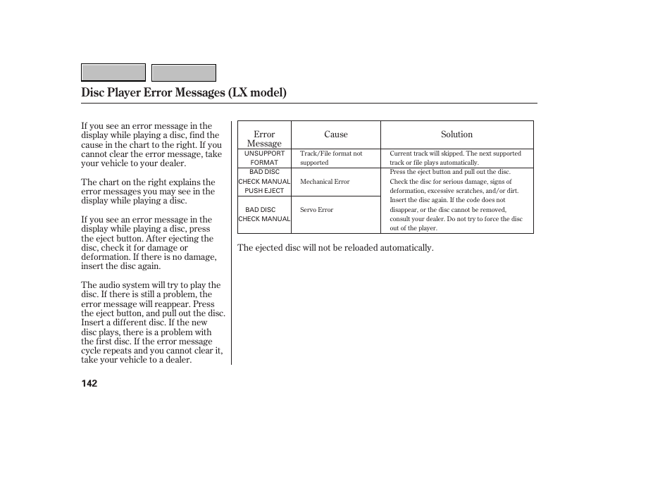9b0707o00142a, Disc player error messages (lx model) | HONDA 2007 CR-V - Owner's Manual User Manual | Page 146 / 352