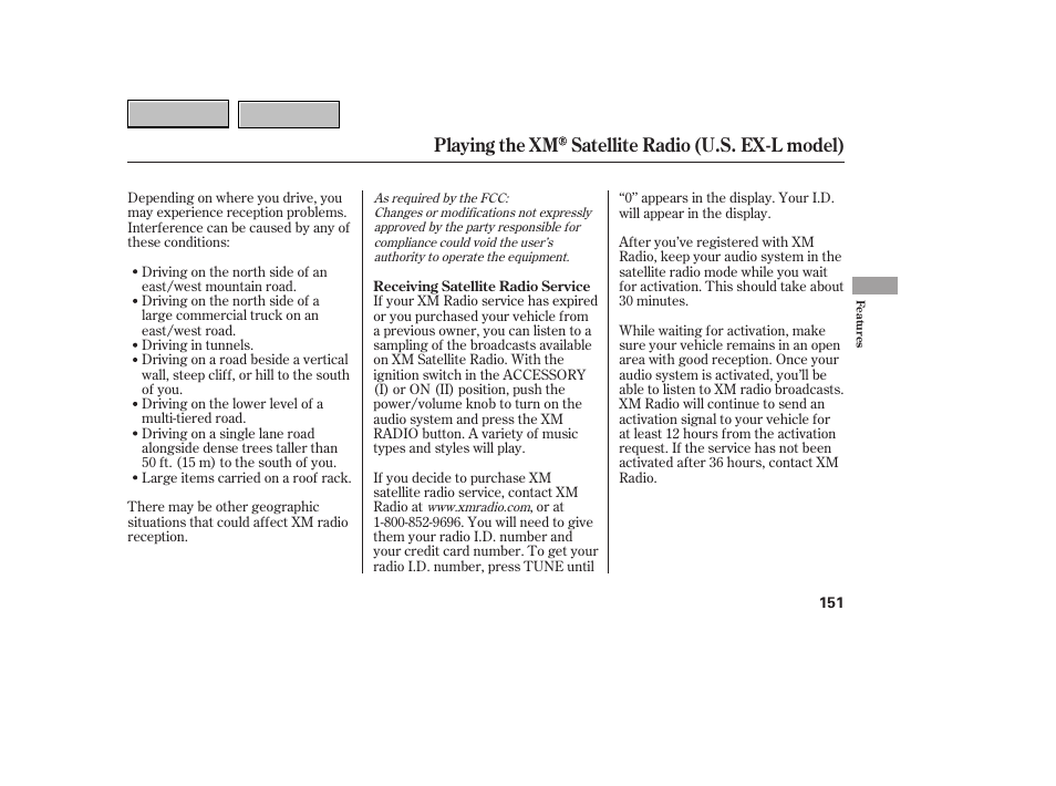 Playing the xm satellite radio (u.s. ex-l model) | HONDA 2007 CR-V - Owner's Manual User Manual | Page 155 / 352