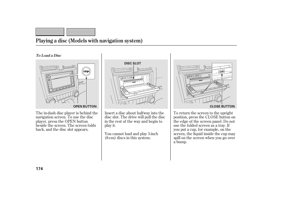 Playing a disc (models with navigation system) | HONDA 2007 CR-V - Owner's Manual User Manual | Page 178 / 352