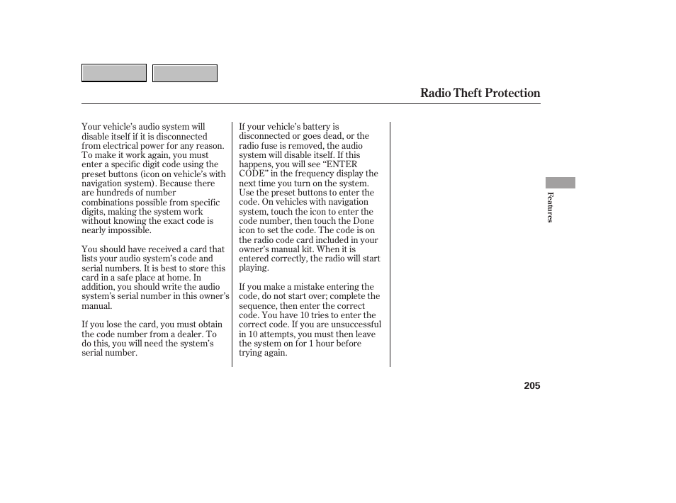 9b0707o00205a, Radio theft protection | HONDA 2007 CR-V - Owner's Manual User Manual | Page 209 / 352