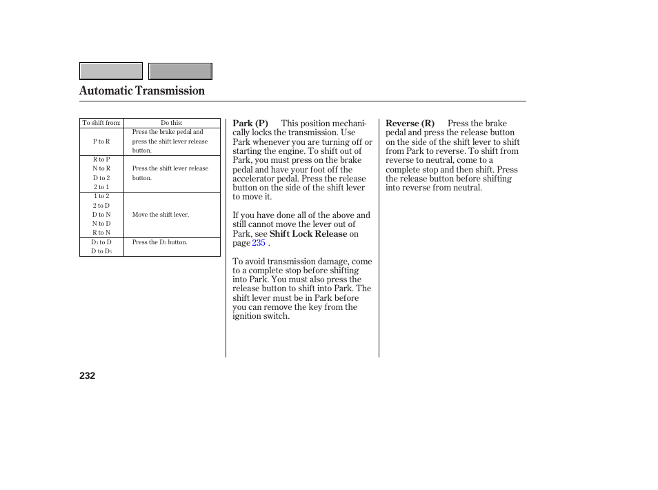 Automatic transmission | HONDA 2007 CR-V - Owner's Manual User Manual | Page 236 / 352