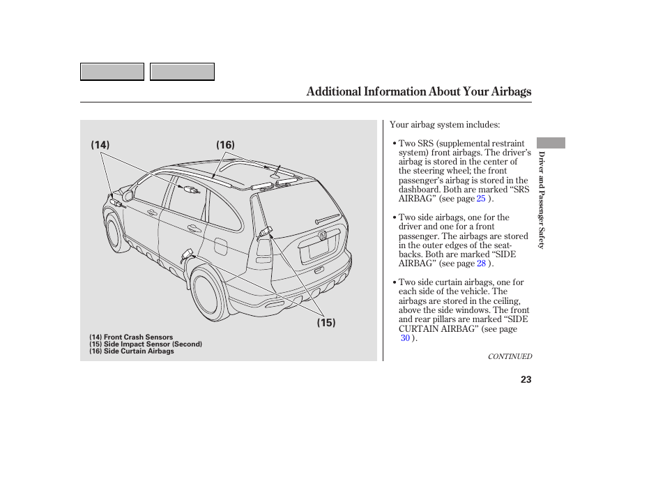 Additional information about your airbags | HONDA 2007 CR-V - Owner's Manual User Manual | Page 27 / 352