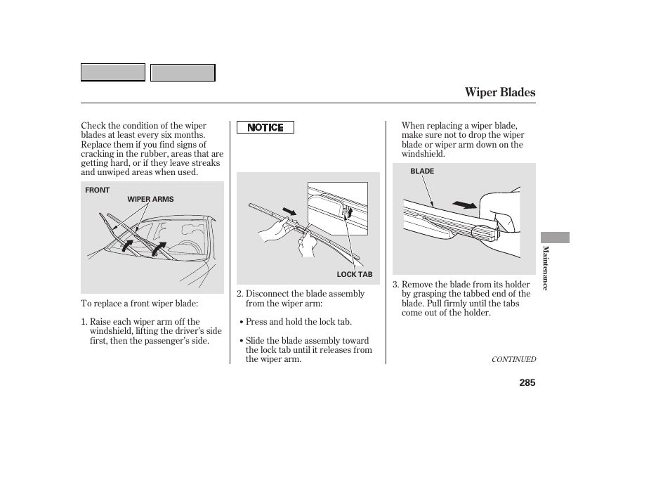 9b0707o00285a, Wiper blades | HONDA 2007 CR-V - Owner's Manual User Manual | Page 289 / 352