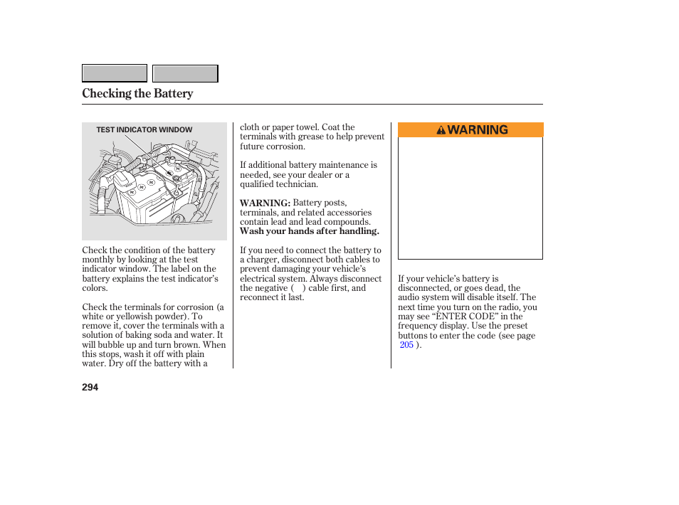 Checking the battery | HONDA 2007 CR-V - Owner's Manual User Manual | Page 298 / 352