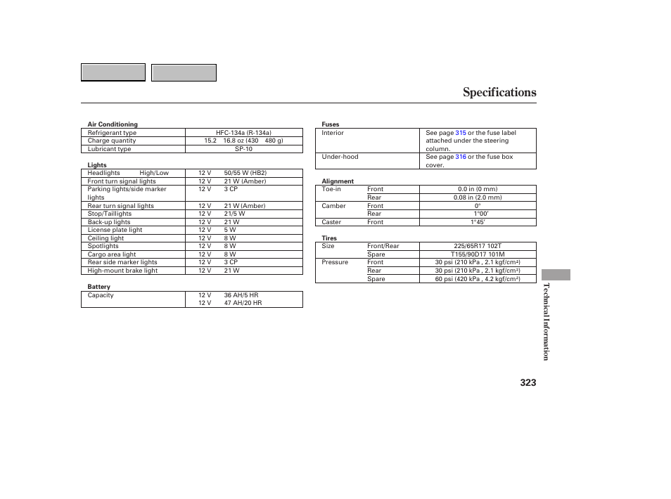 Specifications | HONDA 2007 CR-V - Owner's Manual User Manual | Page 327 / 352