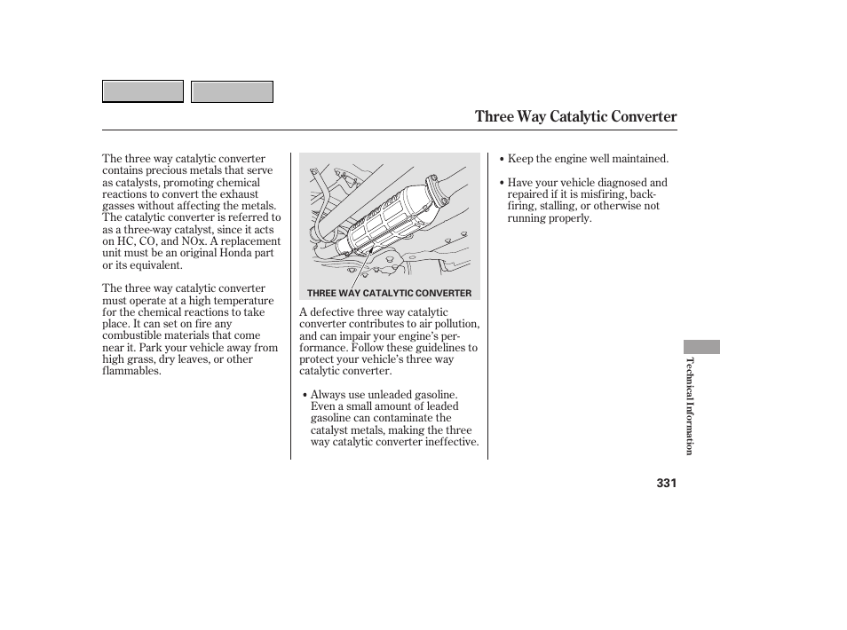 Three way catalytic converter | HONDA 2007 CR-V - Owner's Manual User Manual | Page 335 / 352