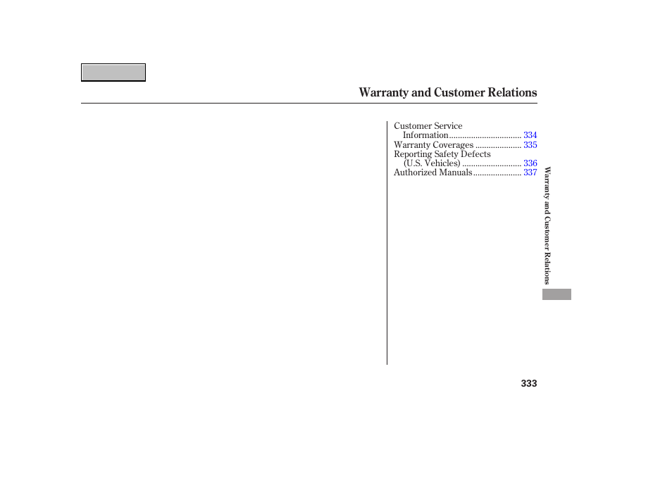 9b070709indxa, Warranty and customer relations | HONDA 2007 CR-V - Owner's Manual User Manual | Page 337 / 352