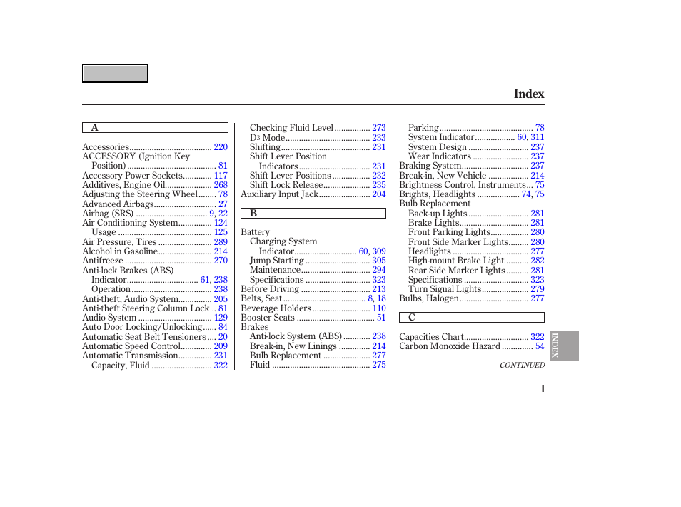 9b070700indxa, Index | HONDA 2007 CR-V - Owner's Manual User Manual | Page 343 / 352