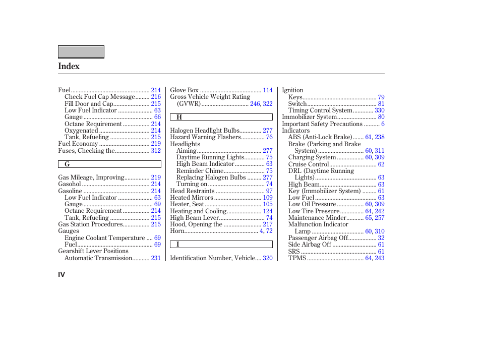 Index | HONDA 2007 CR-V - Owner's Manual User Manual | Page 346 / 352