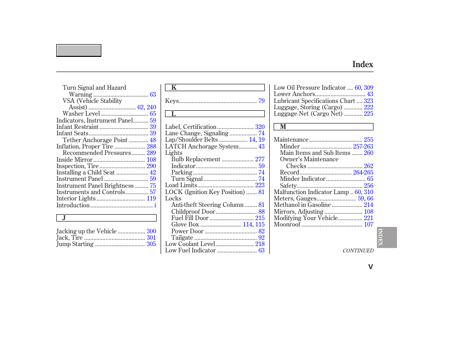 Index | HONDA 2007 CR-V - Owner's Manual User Manual | Page 347 / 352