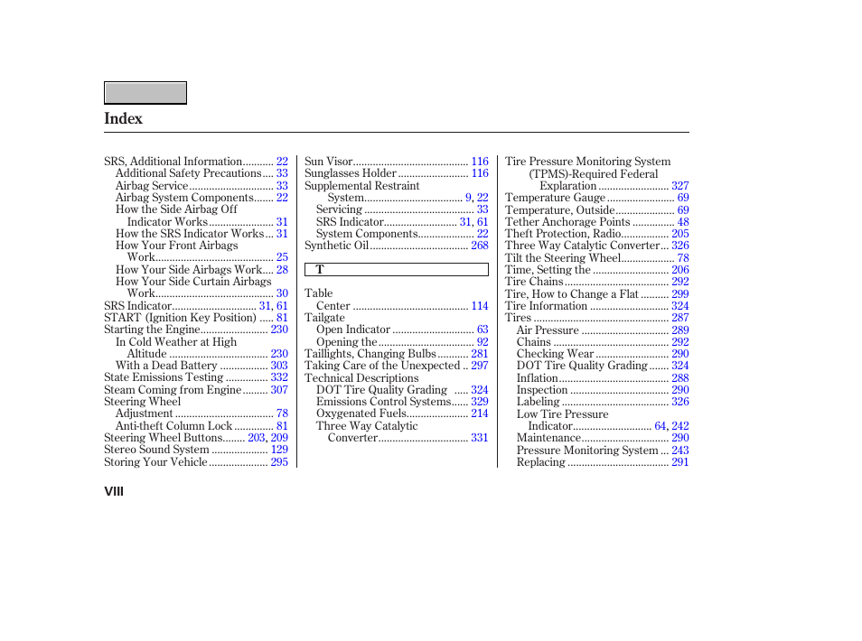 Index | HONDA 2007 CR-V - Owner's Manual User Manual | Page 350 / 352