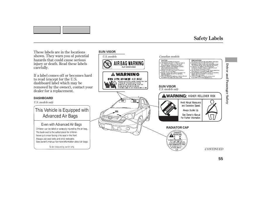 9b0707o00055a, Safety labels | HONDA 2007 CR-V - Owner's Manual User Manual | Page 59 / 352