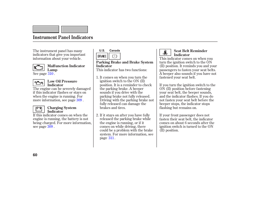 Instrument panel indicators | HONDA 2007 CR-V - Owner's Manual User Manual | Page 64 / 352