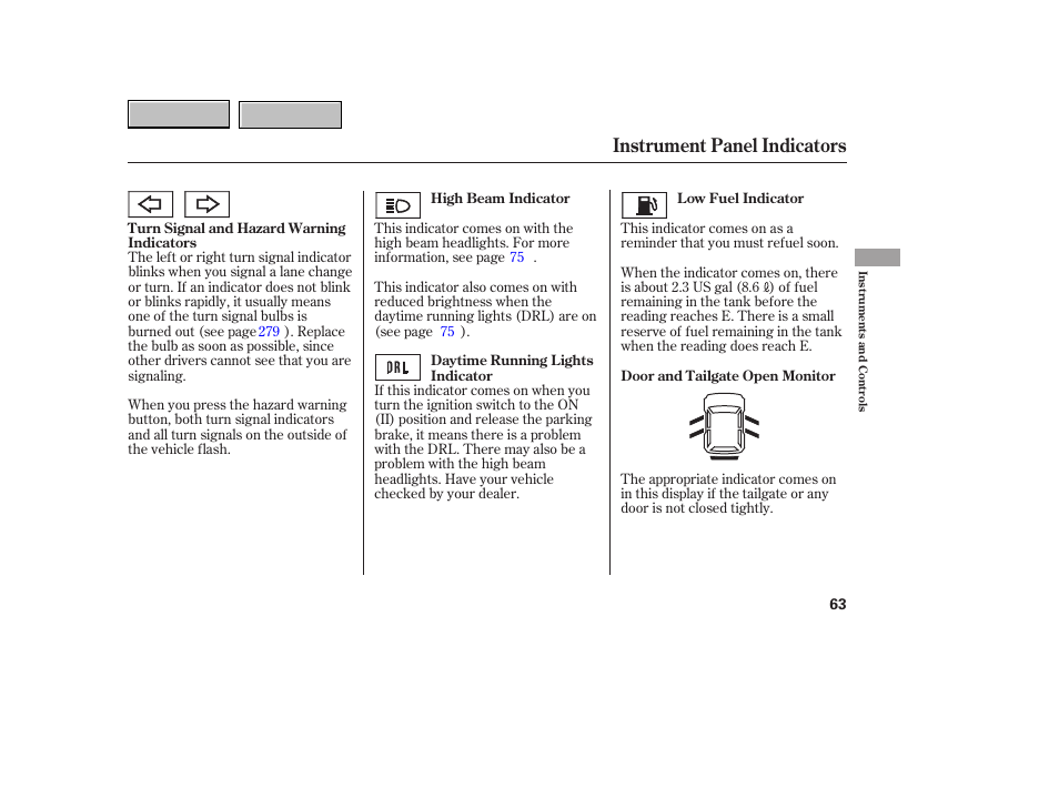 Instrument panel indicators | HONDA 2007 CR-V - Owner's Manual User Manual | Page 67 / 352
