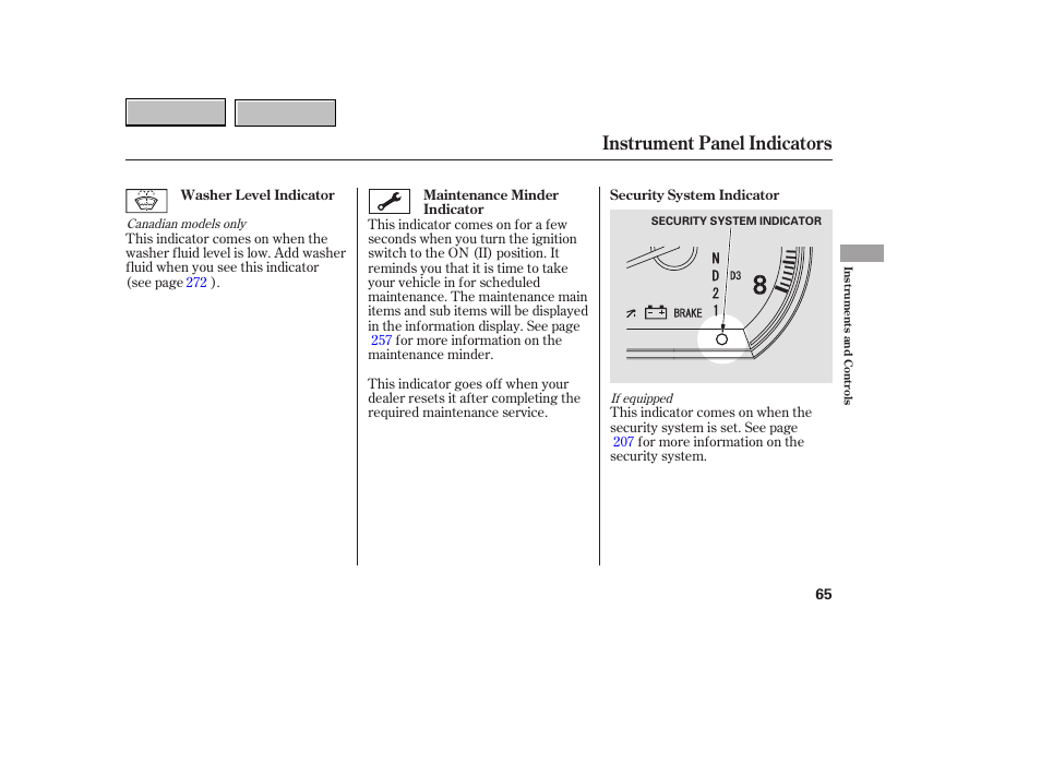 Instrument panel indicators | HONDA 2007 CR-V - Owner's Manual User Manual | Page 69 / 352