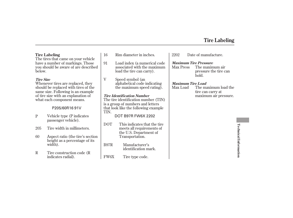 Tire labeling | HONDA 2006 Accord Sedan - Owner's Manual User Manual | Page 272 / 292