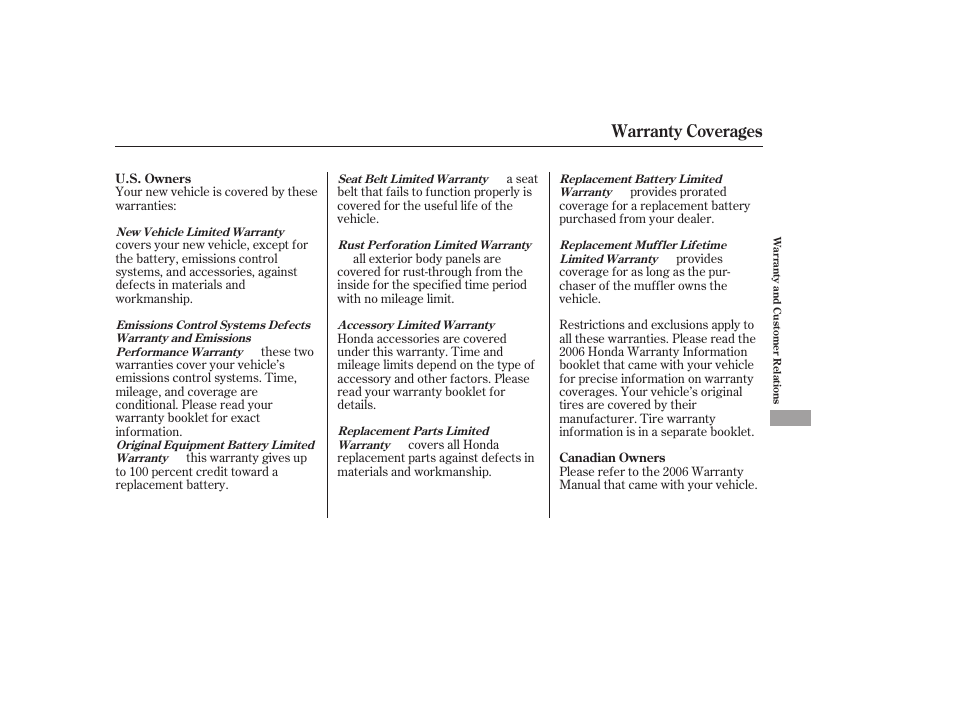 Warranty coverages | HONDA 2006 Accord Sedan - Owner's Manual User Manual | Page 280 / 292