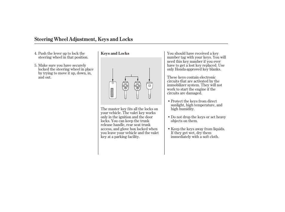 Steering wheel adjustment, keys and locks | HONDA 2006 Accord Sedan - Owner's Manual User Manual | Page 75 / 292