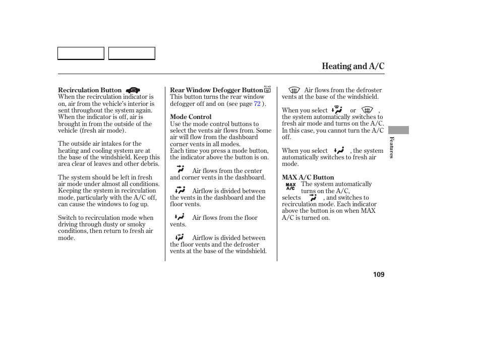 Heating and a/c | HONDA 2006 Accord Coupe - Owner's Manual User Manual | Page 111 / 319