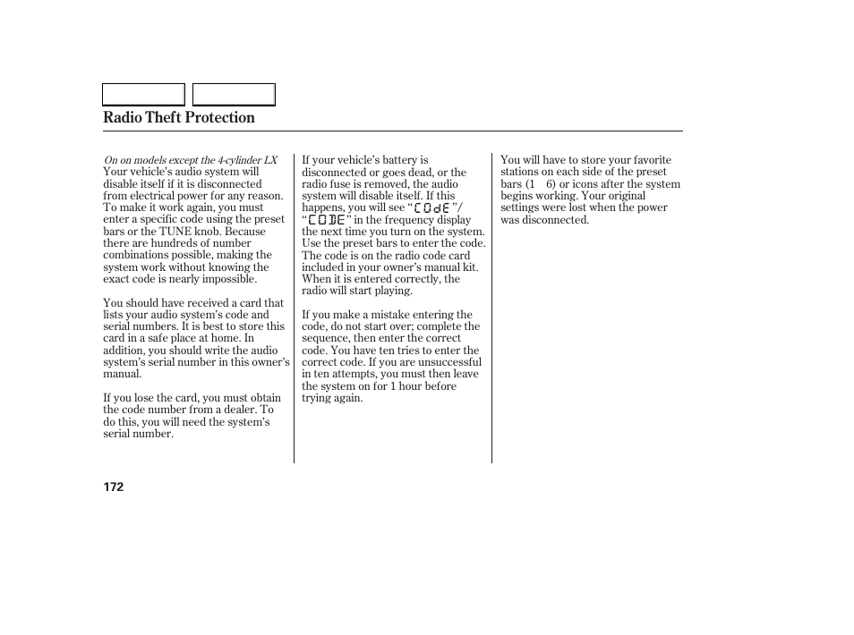 Radio theft protection | HONDA 2006 Accord Coupe - Owner's Manual User Manual | Page 174 / 319