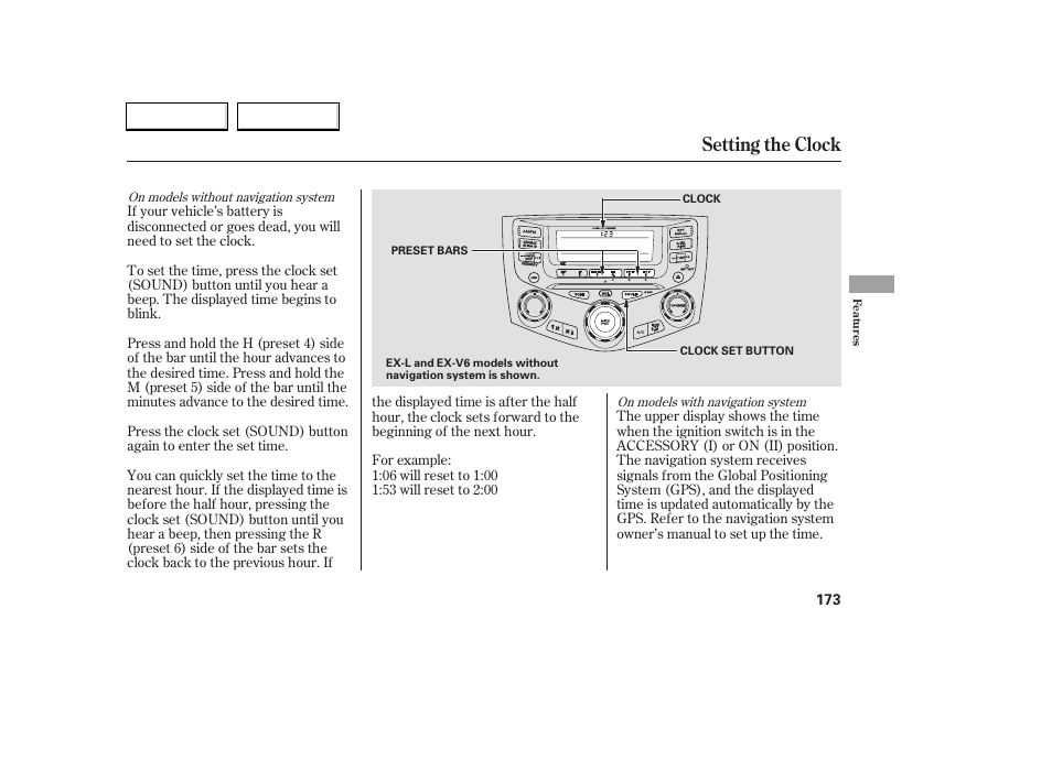 Setting the clock | HONDA 2006 Accord Coupe - Owner's Manual User Manual | Page 175 / 319
