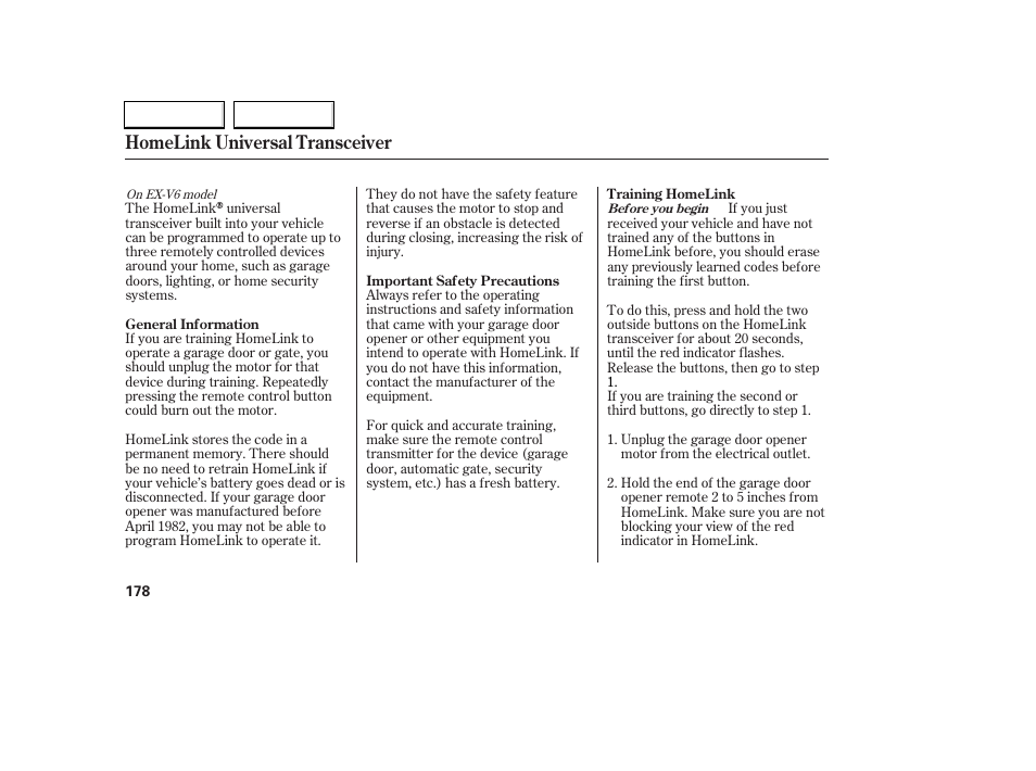 Homelink universal transceiver | HONDA 2006 Accord Coupe - Owner's Manual User Manual | Page 180 / 319