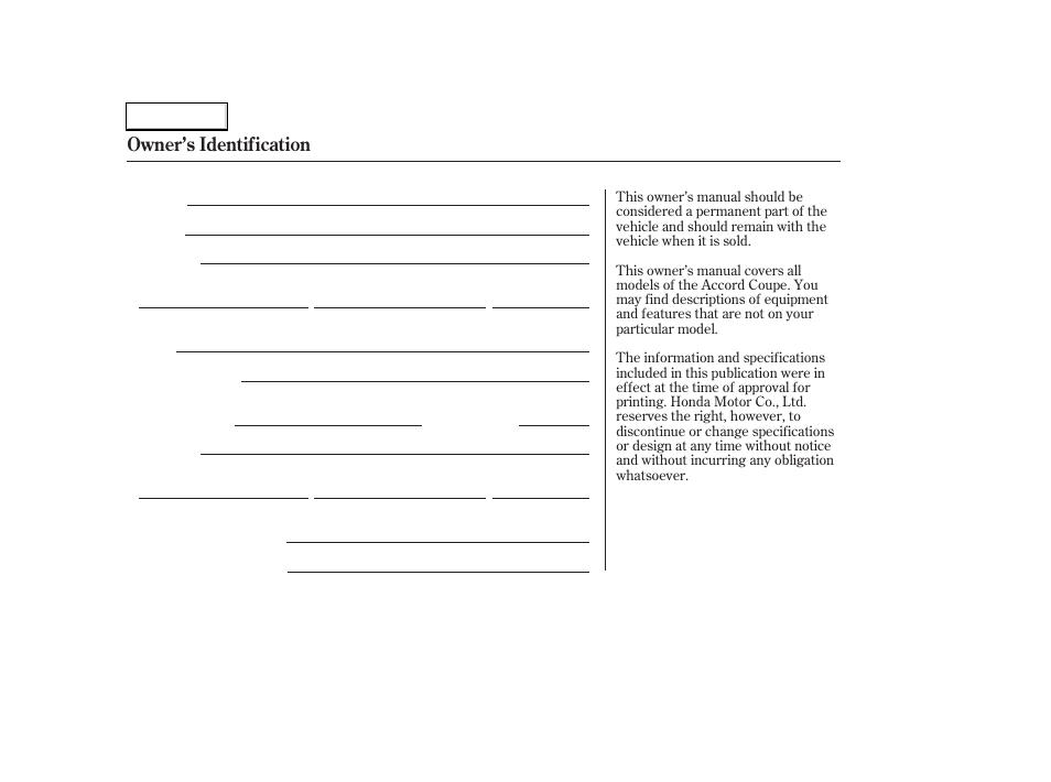 Owner's identification form, Owner’s identification | HONDA 2006 Accord Coupe - Owner's Manual User Manual | Page 2 / 319