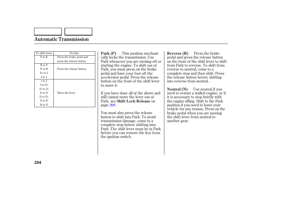 Automatic transmission | HONDA 2006 Accord Coupe - Owner's Manual User Manual | Page 206 / 319