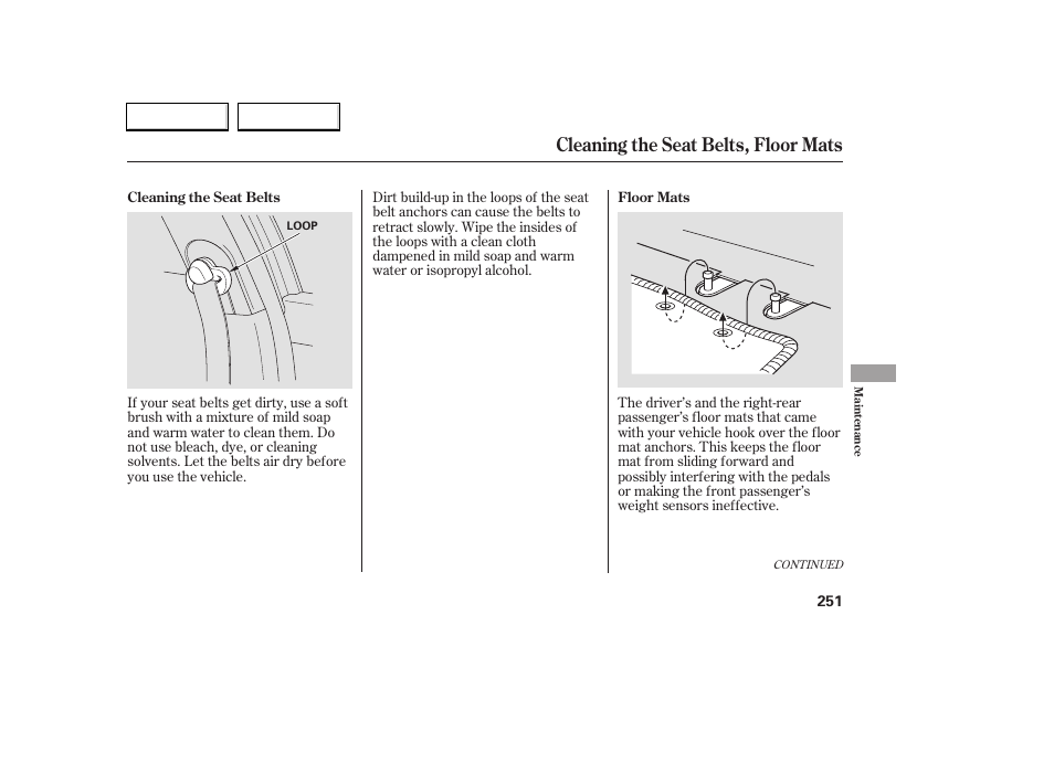 Cleaning the seat belts, floor mats | HONDA 2006 Accord Coupe - Owner's Manual User Manual | Page 253 / 319